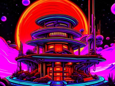 Futuristic Neon Space Habitat with Giant Red Sun