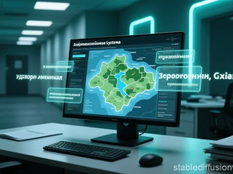 Futuristic Office Desk with Holographic Map Display