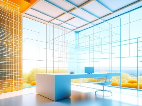 Futuristic Office Interior with Transparent Grid Design