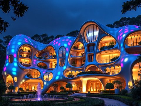 Futuristic Organic Architecture with Vibrant Lighting at Night