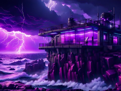 Futuristic Outpost on Cliff During Electric Storm