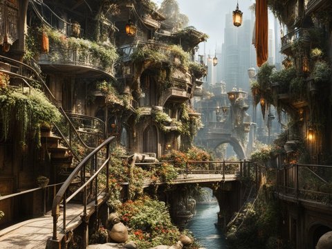 Futuristic Overgrown Cityscape with Lush Vegetation