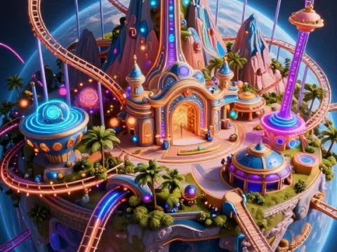 Futuristic Planet Theme Park with Roller Coasters
