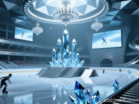 Futuristic Polygonal Ice Skating Rink with Crystal Centerpiece