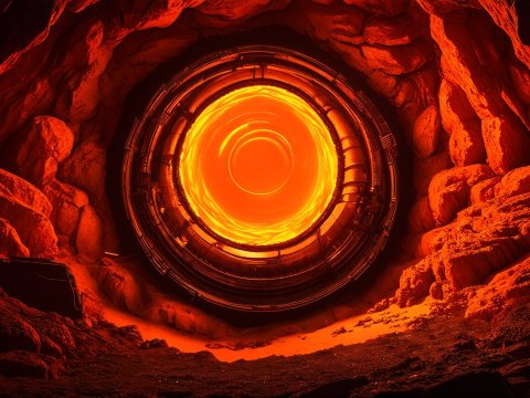 Futuristic Portal Inside a Fiery Cave