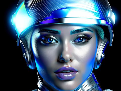Futuristic Portrait of a Woman in Metallic Helmet