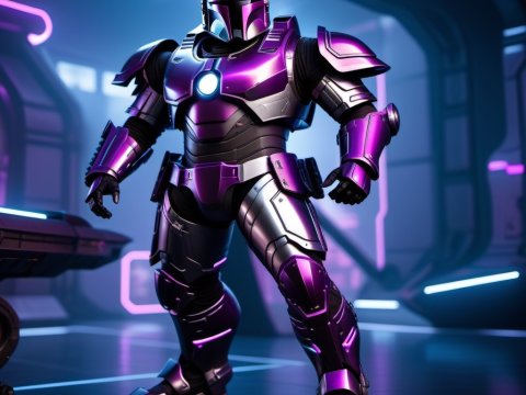 Futuristic Purple Armored Warrior in Sci-Fi Setting