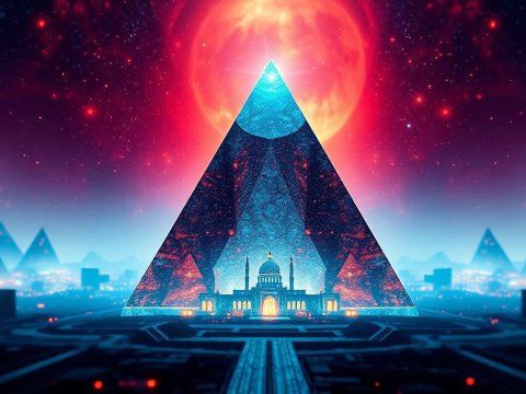 Futuristic Pyramid City Under a Glowing Red Star