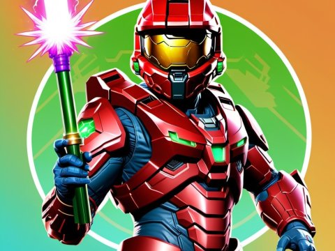 Futuristic Red Armored Warrior with Energy Staff