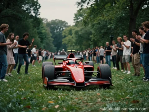 Futuristic Red Race Car Surrounded by Applauding Crowd