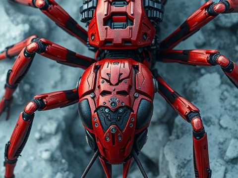 Futuristic Red Robotic Ant on Rocky Surface