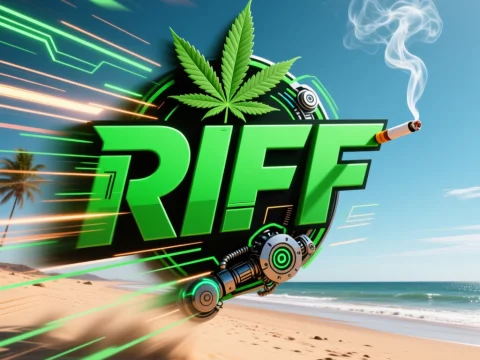 Futuristic Riff Logo with Cannabis Leaf on Deserted Beach