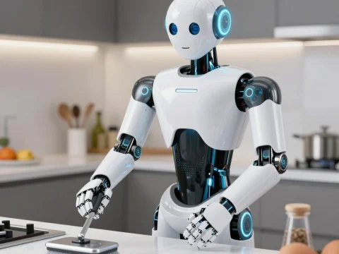 Futuristic Robot Cleaning Kitchen Counter