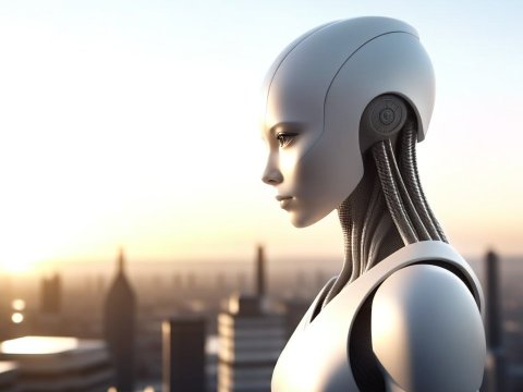 Futuristic Robot Contemplating Cityscape at Sunrise
