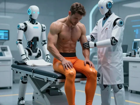Futuristic Robot Doctor Examining a Man in a High-Tech Clinic