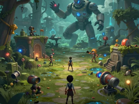 Futuristic Robot Encounter in Enchanted Forest Village