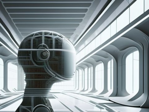 Futuristic Robot Head in a High-Tech Corridor