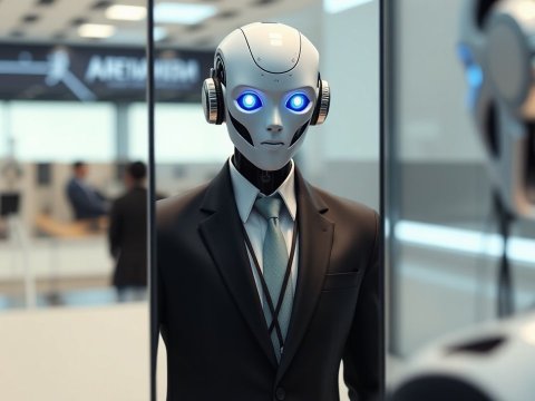 Futuristic Robot in Business Suit Looking in Mirror