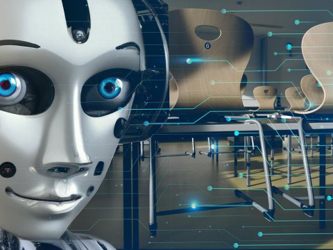 Futuristic Robot in Modern Classroom with Digital Network Overlay