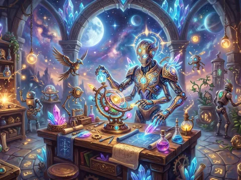 Futuristic Robot Inventor in a Magical Workshop