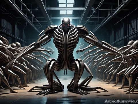 Futuristic Robot Leader in Industrial Hall