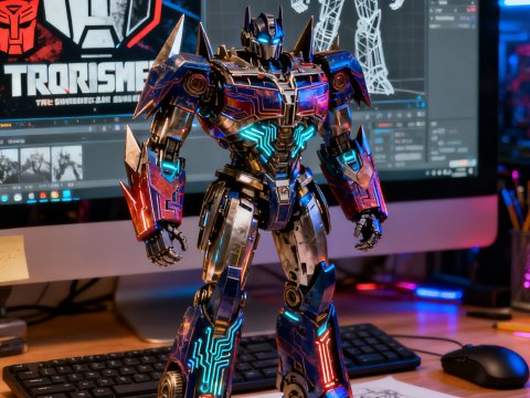 Futuristic Robot Model on Designer's Desk with Digital Blueprints