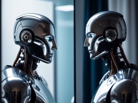 Futuristic Robot Reflecting in Mirror