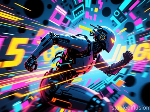 Futuristic Robot Sprinting Through Neon Digital Space