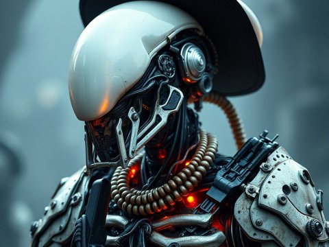 Futuristic Robot with Cowboy Hat and Mechanical Armor