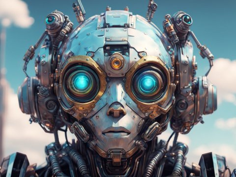 Futuristic Robot with Glowing Blue Eyes in a Sci-Fi Cityscape