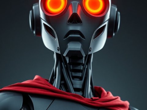 Futuristic Robot with Glowing Red Eyes and Red Cape