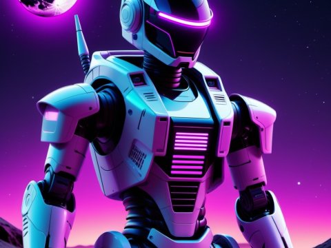 Futuristic Robot with Neon Lights on Alien Landscape