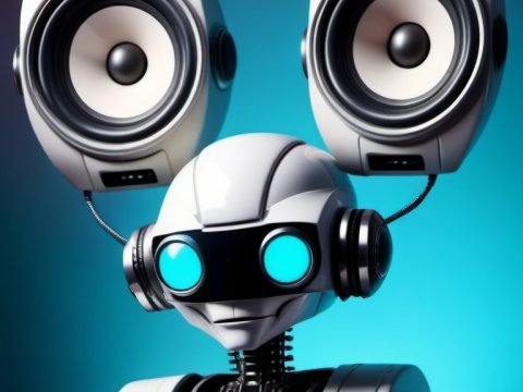 Futuristic Robot with Speaker Headphones in Vibrant Setting