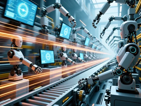 Futuristic Robotic Assembly Line in High-Tech Factory