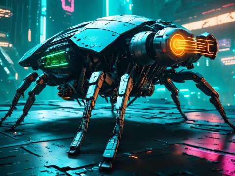 Futuristic Robotic Insect in Neon Cyber City
