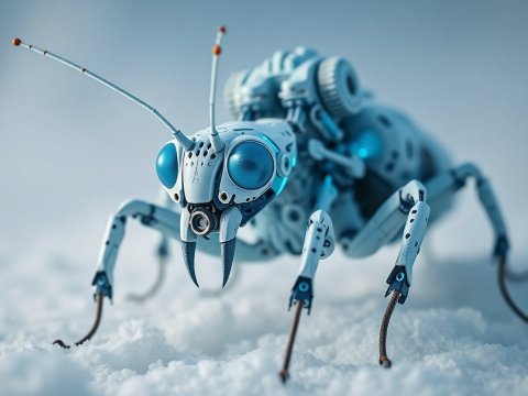 Futuristic Robotic Insect on Snowy Surface