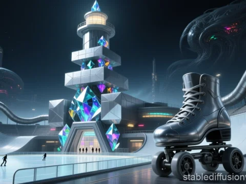 Futuristic Roller Skating Tower with Neon Crystals