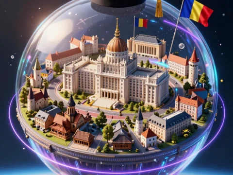 Futuristic Romanian Miniature World in a Glass Sphere