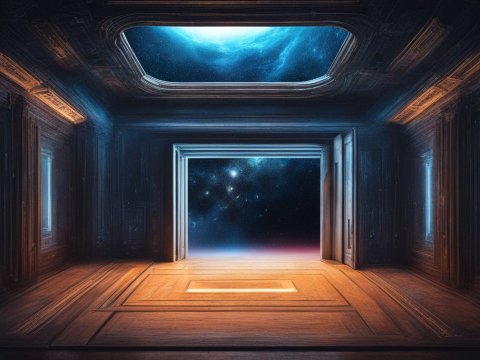 Futuristic Room Opening to a Starry Five-Dimensional Space