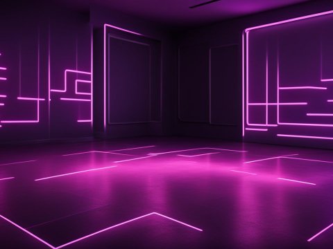 Futuristic Room with Purple Neon Light Lines