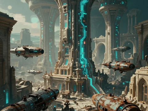 Futuristic Ruins with Hovering Spaceships