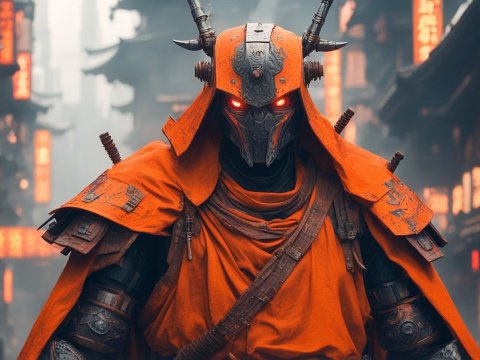 Futuristic Samurai Robot in Vibrant Orange Armor