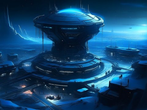Futuristic Sci-Fi Base on an Alien Planet at Night