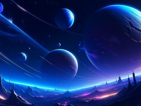Futuristic Sci-Fi Landscape with Multiple Planets and Rings