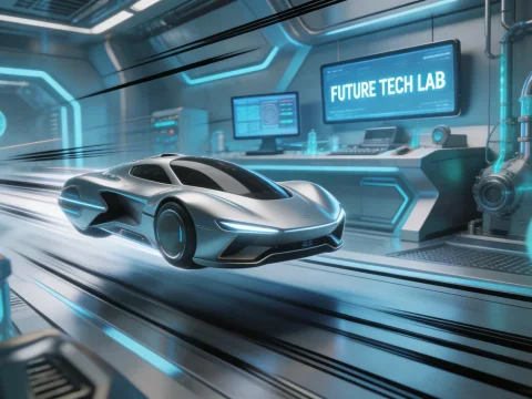 Futuristic Silver Car Racing in High-Tech Lab