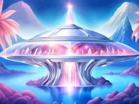 Futuristic Silver Spaceship City on a Mystical Island