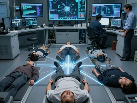 Futuristic Simulation Chamber with Participants and High-Tech Monitors