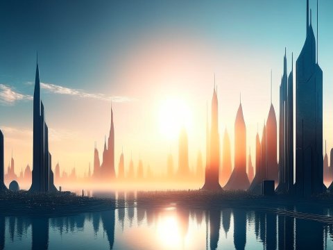 Futuristic Skyline at Sunrise with Reflective Water