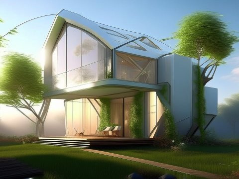 Futuristic Small House with Glass Facade in Lush Green Setting