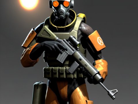 Futuristic Soldier in Tactical Gear with Gas Mask
